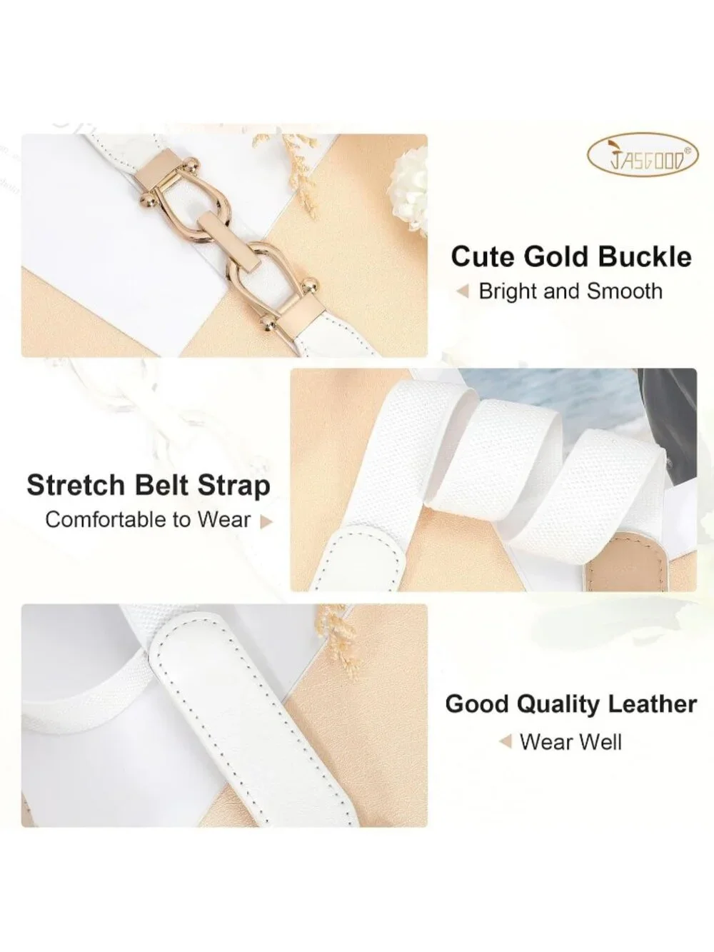 Women's Black & White Retro Elastic Skinny Stretch Belt 2-Pcs With Gold Buckle
